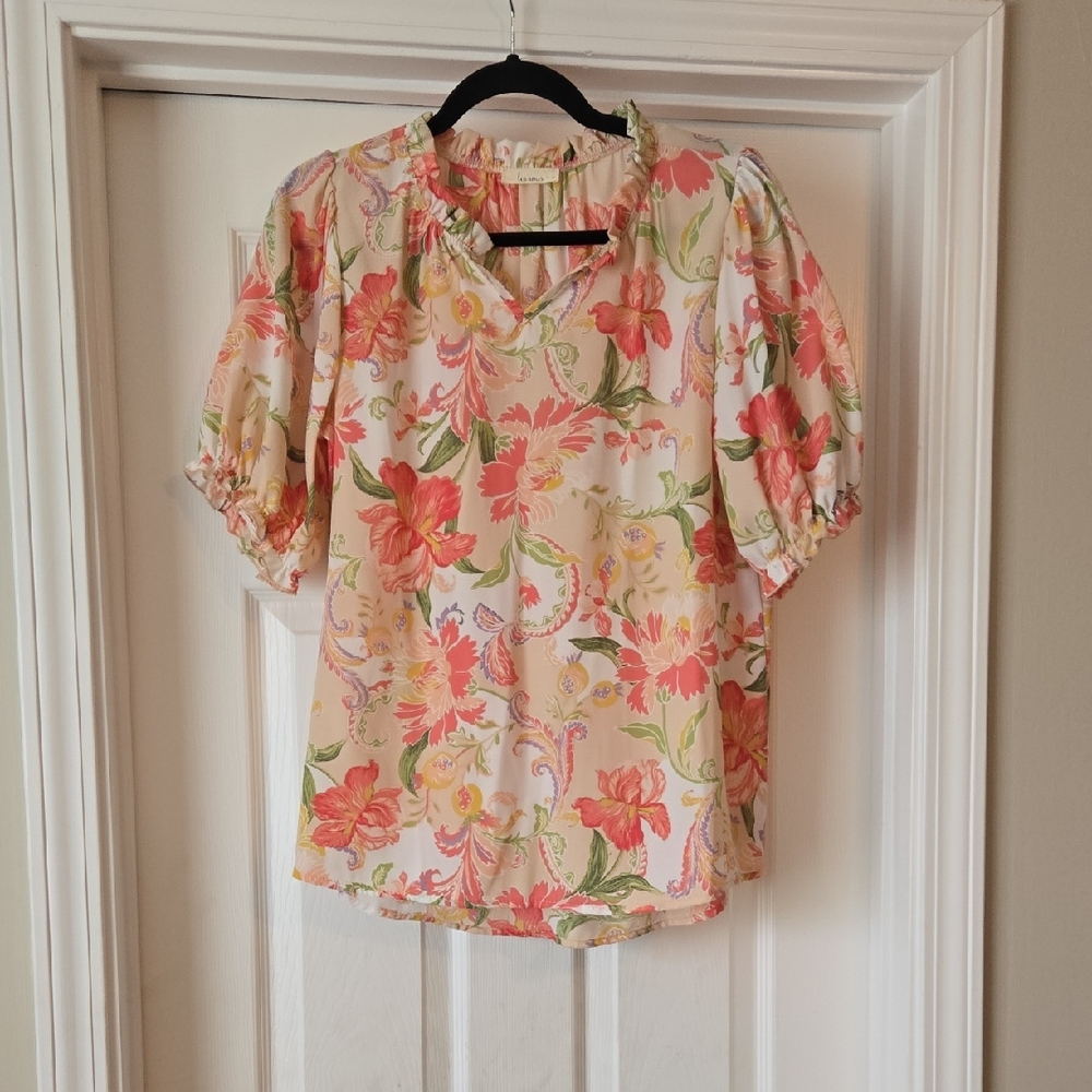 Floral Puff-Sleeve Blouse - Cream with Coral Floral